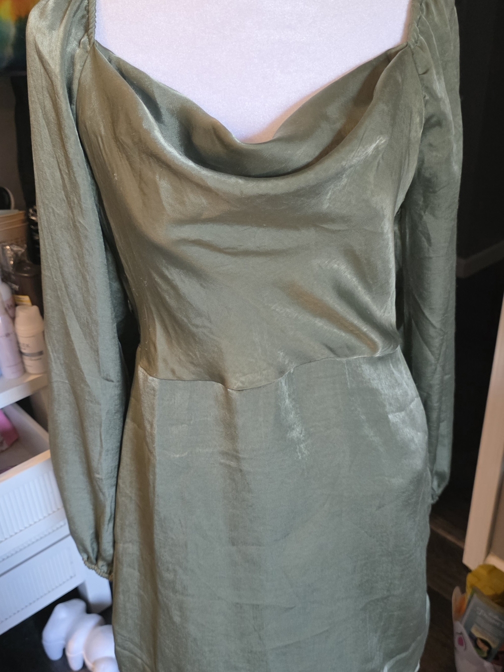 Forever 21 Olive Green Cowl Neck Long Sleeve Dress
